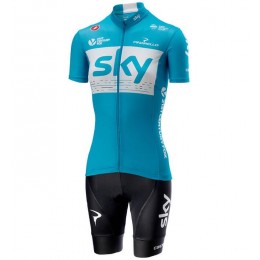 Team Sky 2018 Dame Blauw Fietskleding Set Wielershirt Korte Mouw+Korte Fietsbroeken